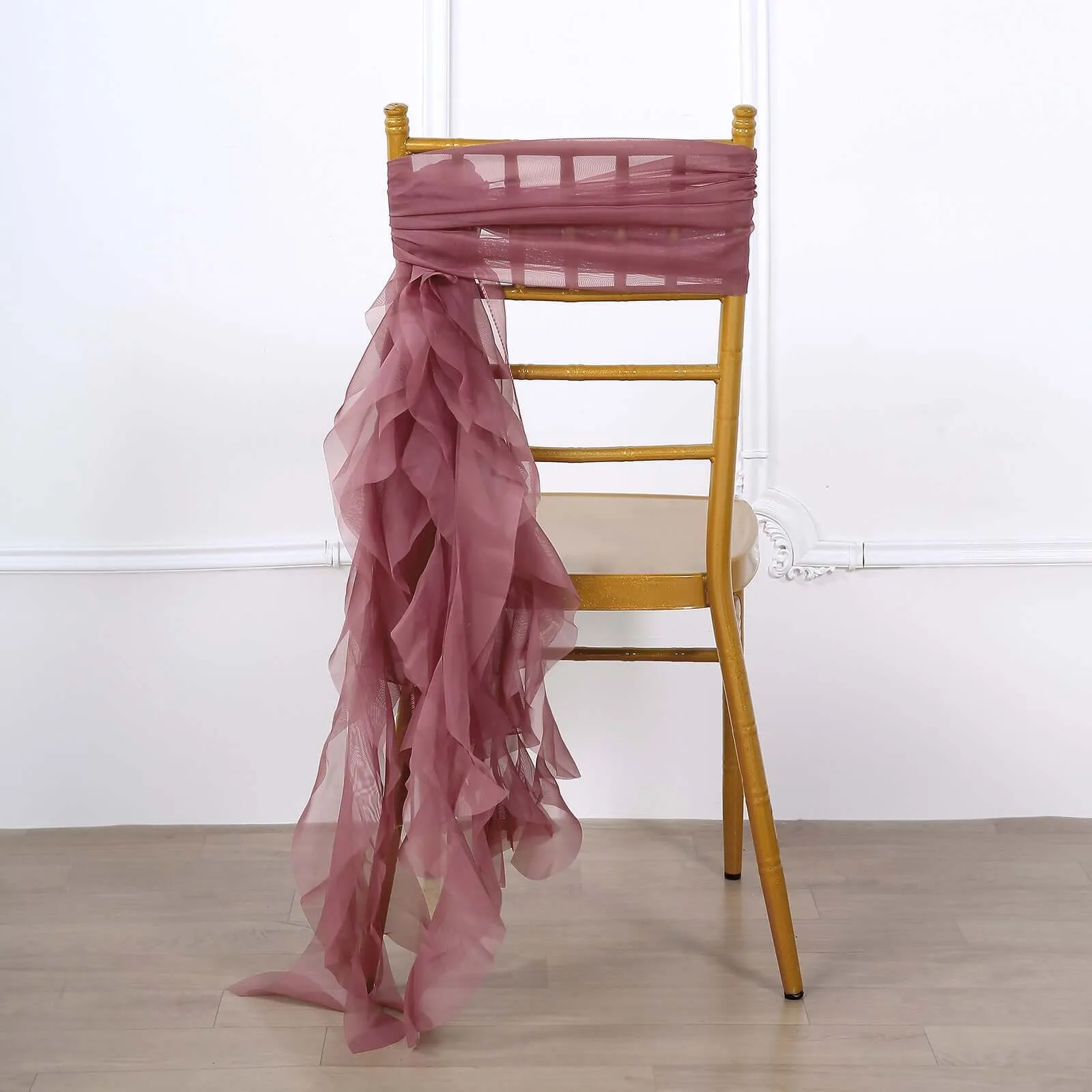 1 Set Mauve / Cinnamon Rose Chiffon Hoods With Ruffles Willow Chair Sashes