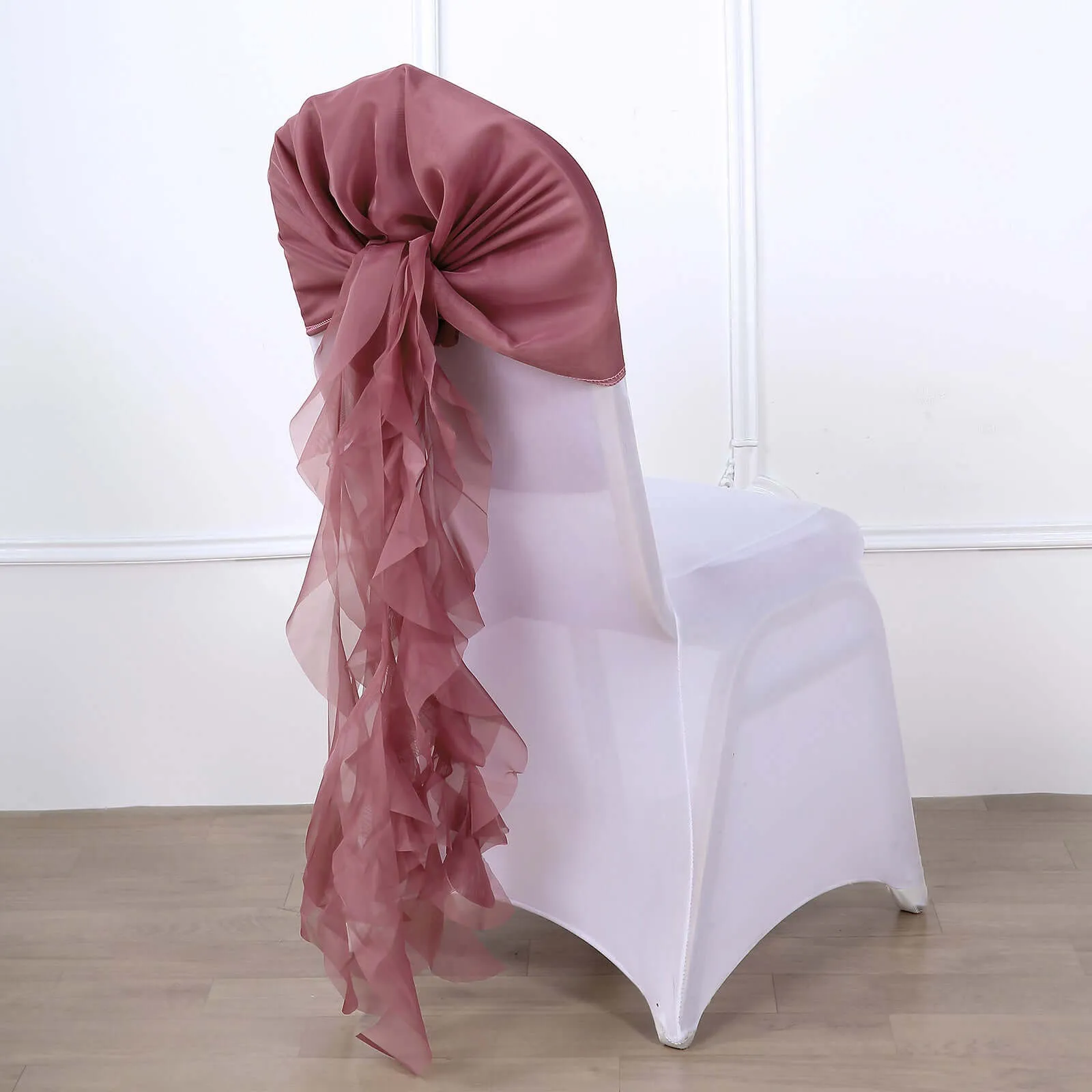 1 Set Mauve / Cinnamon Rose Chiffon Hoods With Ruffles Willow Chair Sashes
