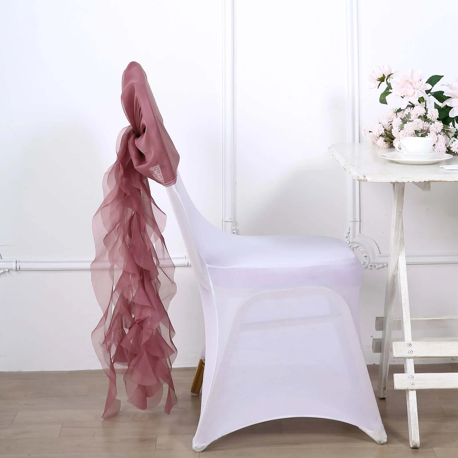 1 Set Mauve / Cinnamon Rose Chiffon Hoods With Ruffles Willow Chair Sashes