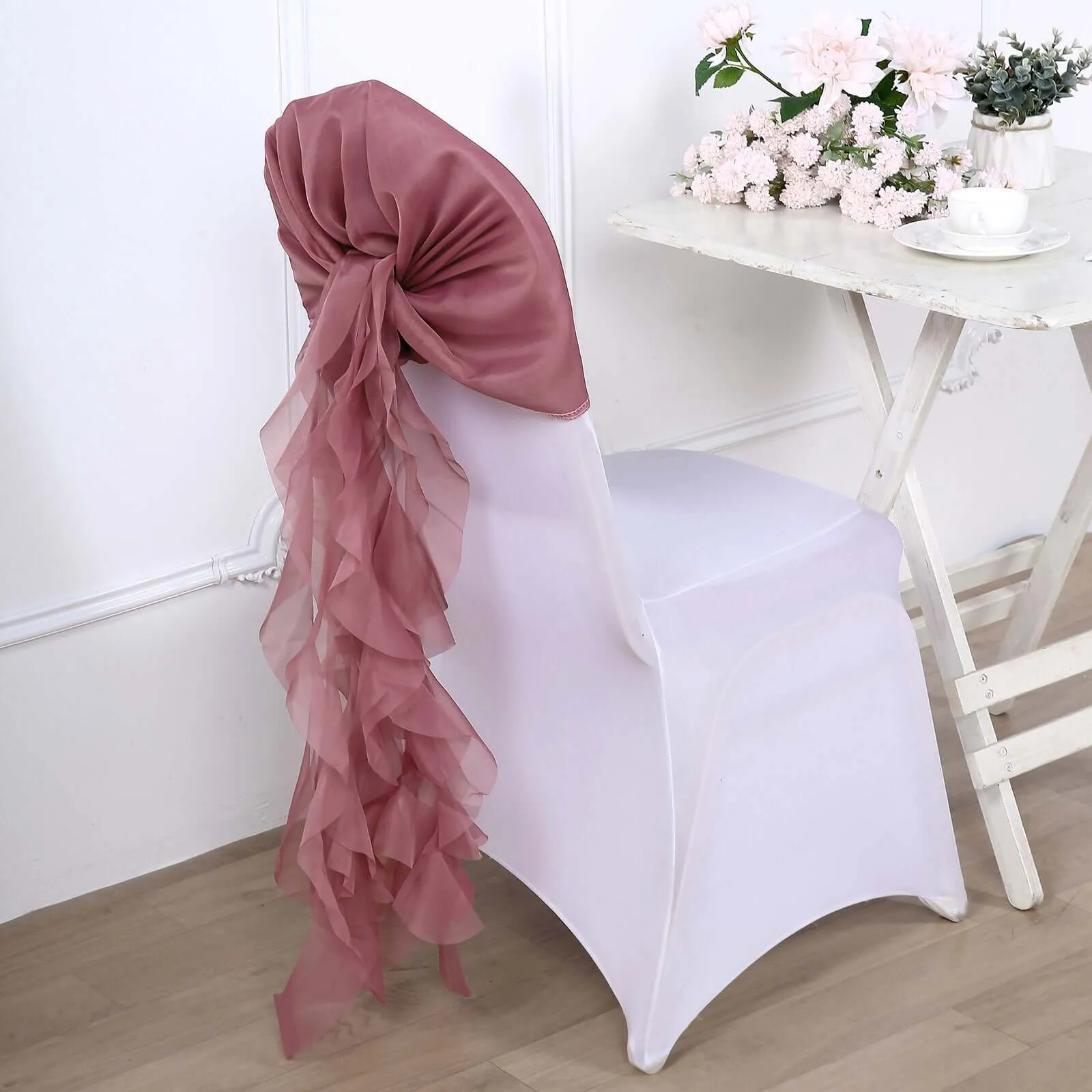 1 Set Mauve / Cinnamon Rose Chiffon Hoods With Ruffles Willow Chair Sashes