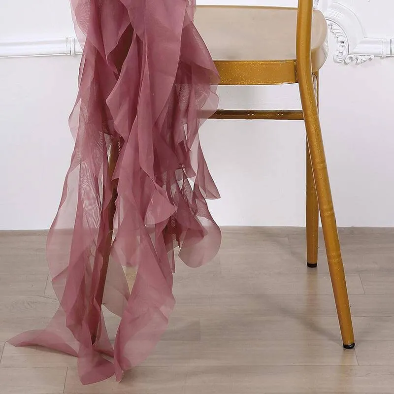 1 Set Mauve / Cinnamon Rose Chiffon Hoods With Ruffles Willow Chair Sashes