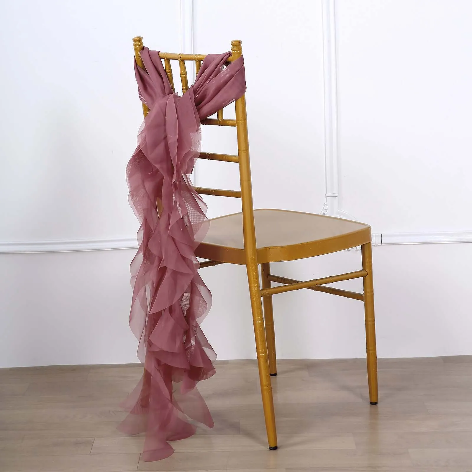 1 Set Mauve / Cinnamon Rose Chiffon Hoods With Ruffles Willow Chair Sashes