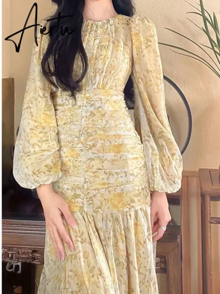 Aiertu Elegant Floral Print Midi Dresses for Women  New Summer Long Sleeve Folds Party Prom Female Clothes Beach Bodycon Dress Robe