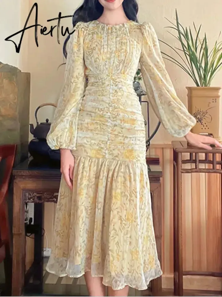 Aiertu Elegant Floral Print Midi Dresses for Women  New Summer Long Sleeve Folds Party Prom Female Clothes Beach Bodycon Dress Robe