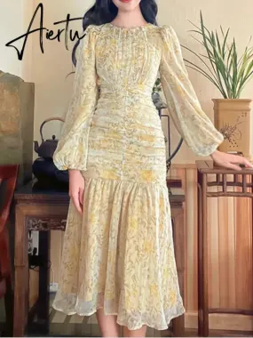 Aiertu Elegant Floral Print Midi Dresses for Women  New Summer Long Sleeve Folds Party Prom Female Clothes Beach Bodycon Dress Robe