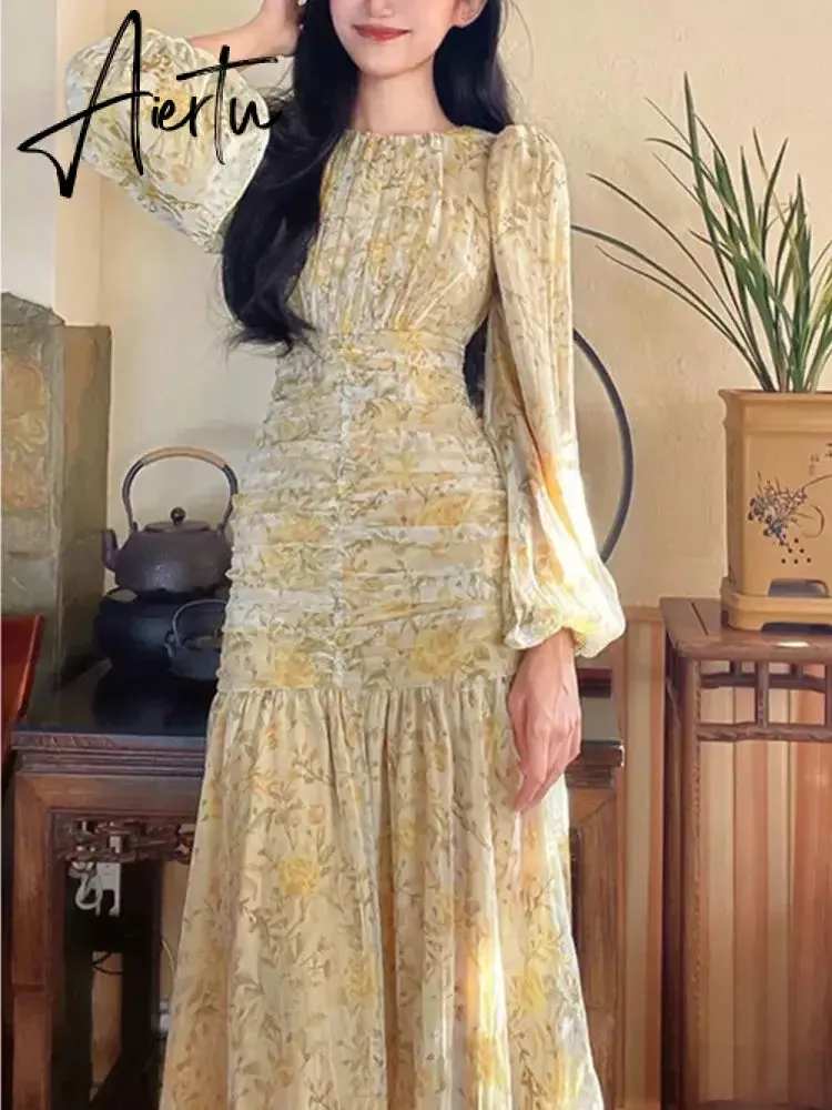 Aiertu Elegant Floral Print Midi Dresses for Women  New Summer Long Sleeve Folds Party Prom Female Clothes Beach Bodycon Dress Robe