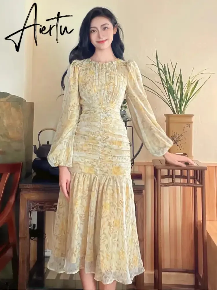 Aiertu Elegant Floral Print Midi Dresses for Women  New Summer Long Sleeve Folds Party Prom Female Clothes Beach Bodycon Dress Robe