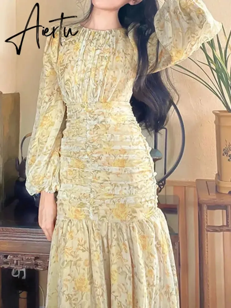 Aiertu Elegant Floral Print Midi Dresses for Women  New Summer Long Sleeve Folds Party Prom Female Clothes Beach Bodycon Dress Robe