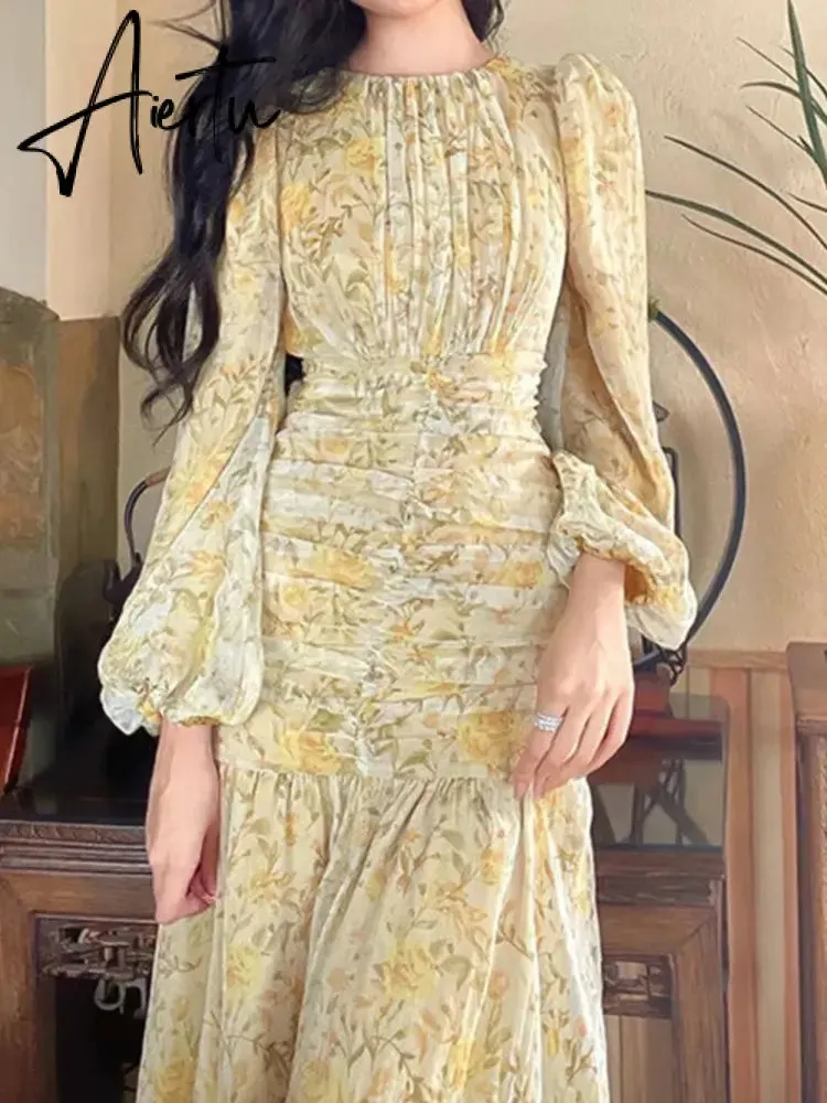 Aiertu Elegant Floral Print Midi Dresses for Women  New Summer Long Sleeve Folds Party Prom Female Clothes Beach Bodycon Dress Robe