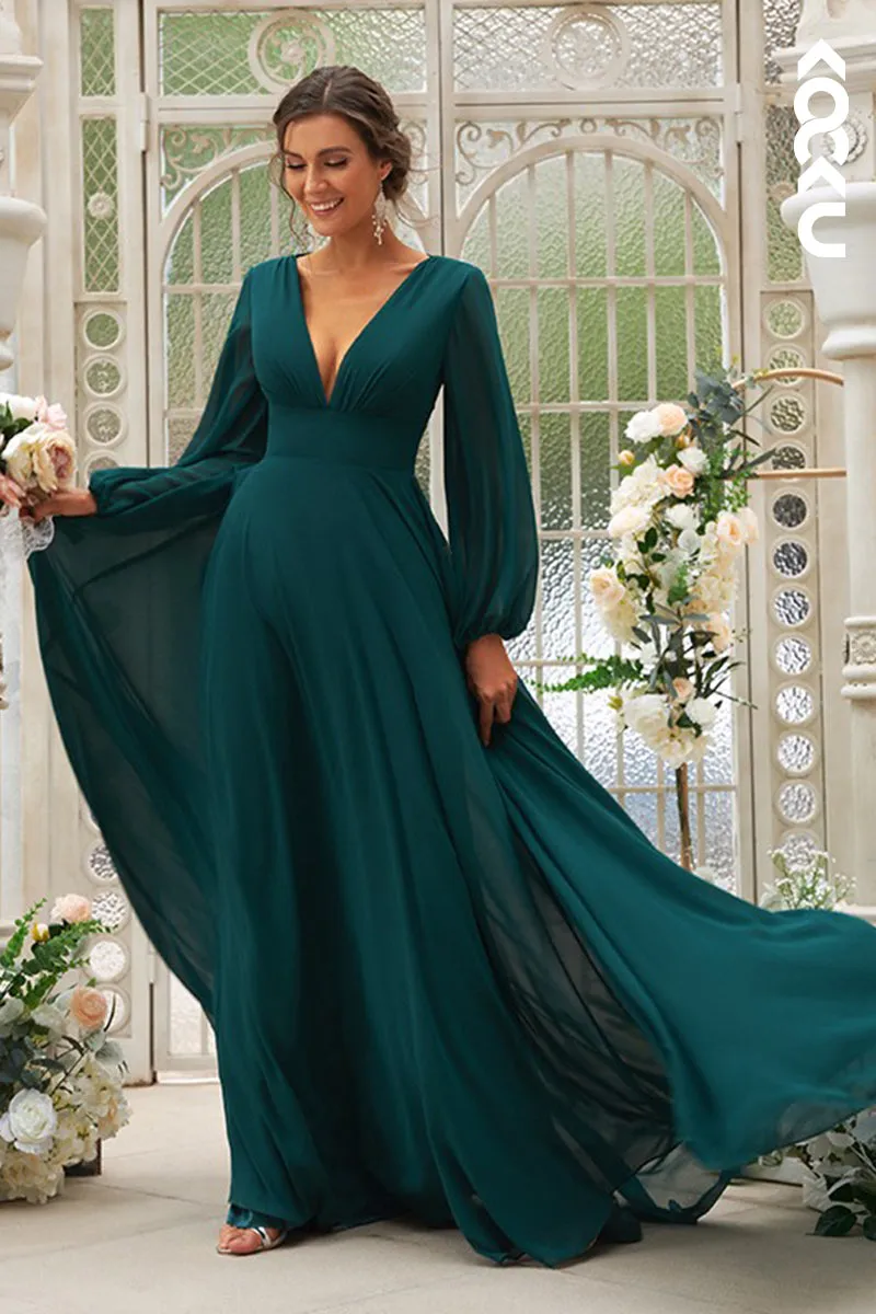 B4023 - V-Neck Long Sleeves Backless Ruched Chiffon A-Line Long Bridesmaid Dress