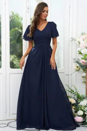 B4068 - V-Neck Short Sleeves Ruched Chiffon A-Line Long Bridesmaid Dress B4068 - V-Neck Short Sleeves Ruched Chiffon A-Line Long Bridesmaid Dress