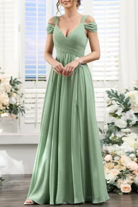 B4129 - V-Neck Off-Shoulder Ruched Chiffon A-Line Long Bridesmaid Dress B4129 - V-Neck Off-Shoulder Ruched Chiffon A-Line Long Bridesmaid Dress