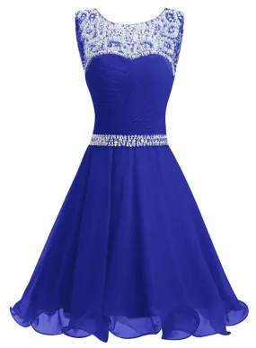 Beaded Chiffon Round Neckline Short Party Dress, Blue Chiffon Homecoming Dresses Beaded Chiffon Round Neckline Short Party Dress, Blue Chiffon Homecoming Dresses