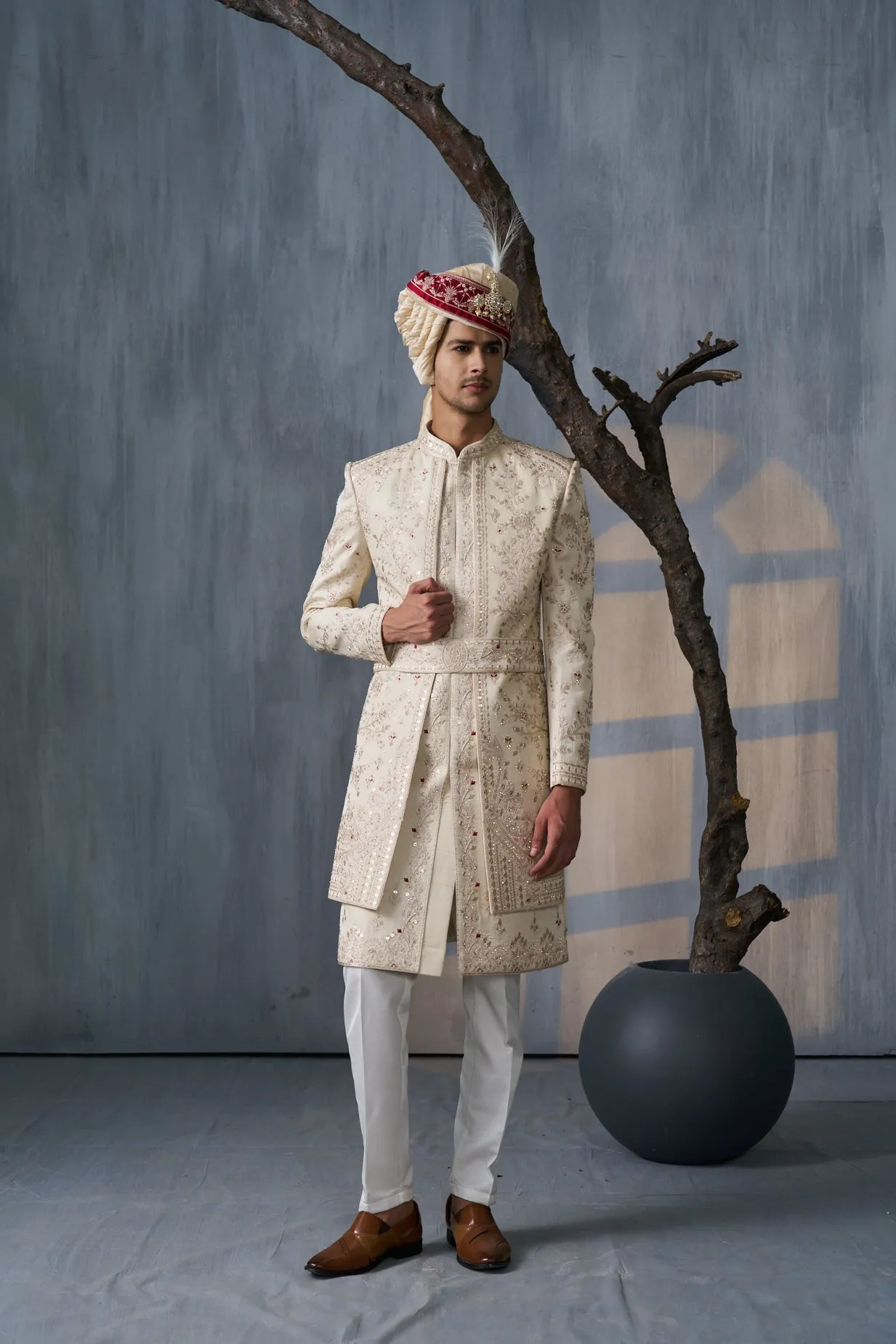 Beige Indowestern Set With Resham And Bead Work