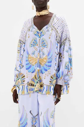 Blouson Blouse w Neck Tie in Under Scarab Skies