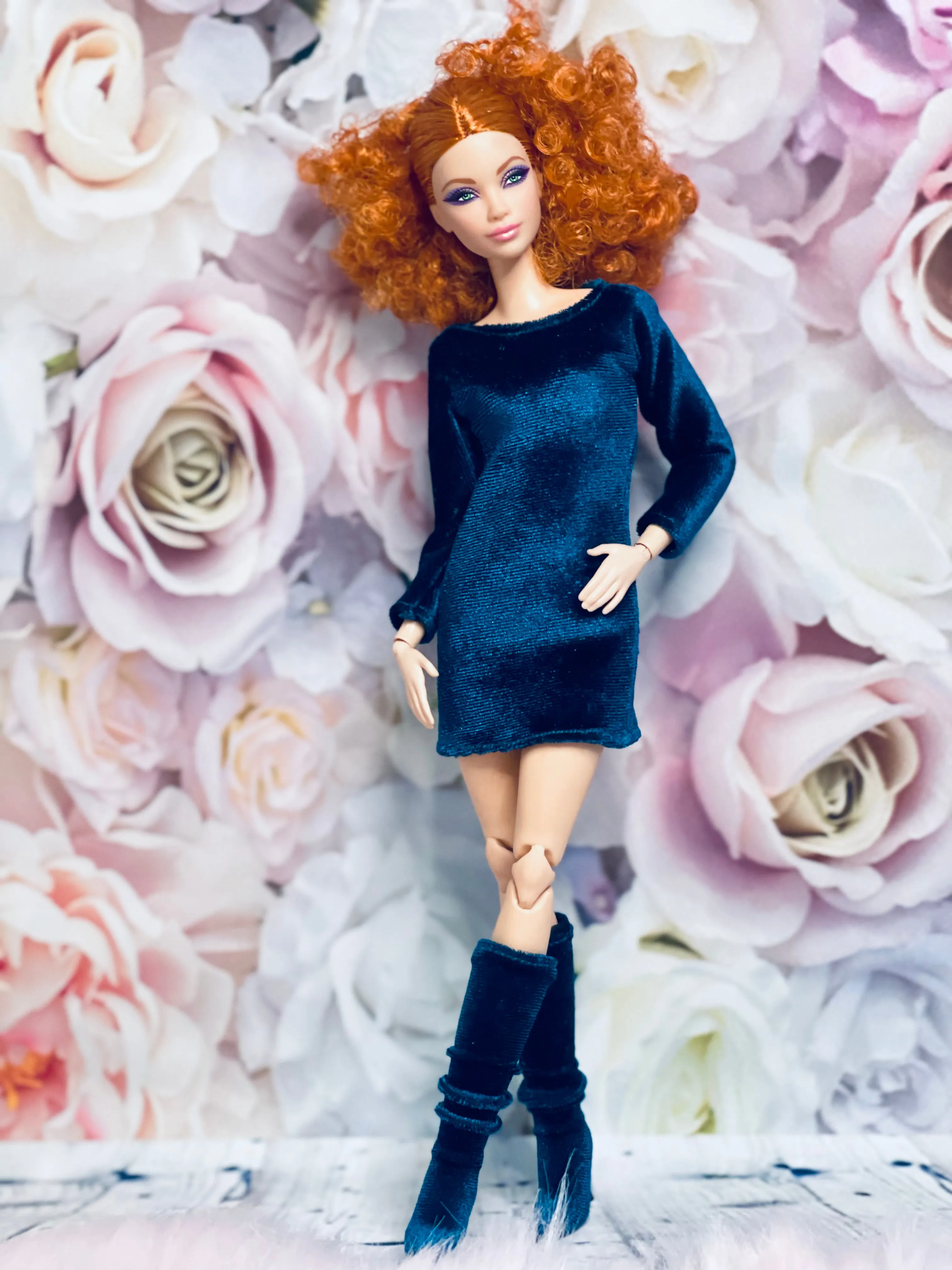 Blue velvet dress for fashion dolls velvet boots