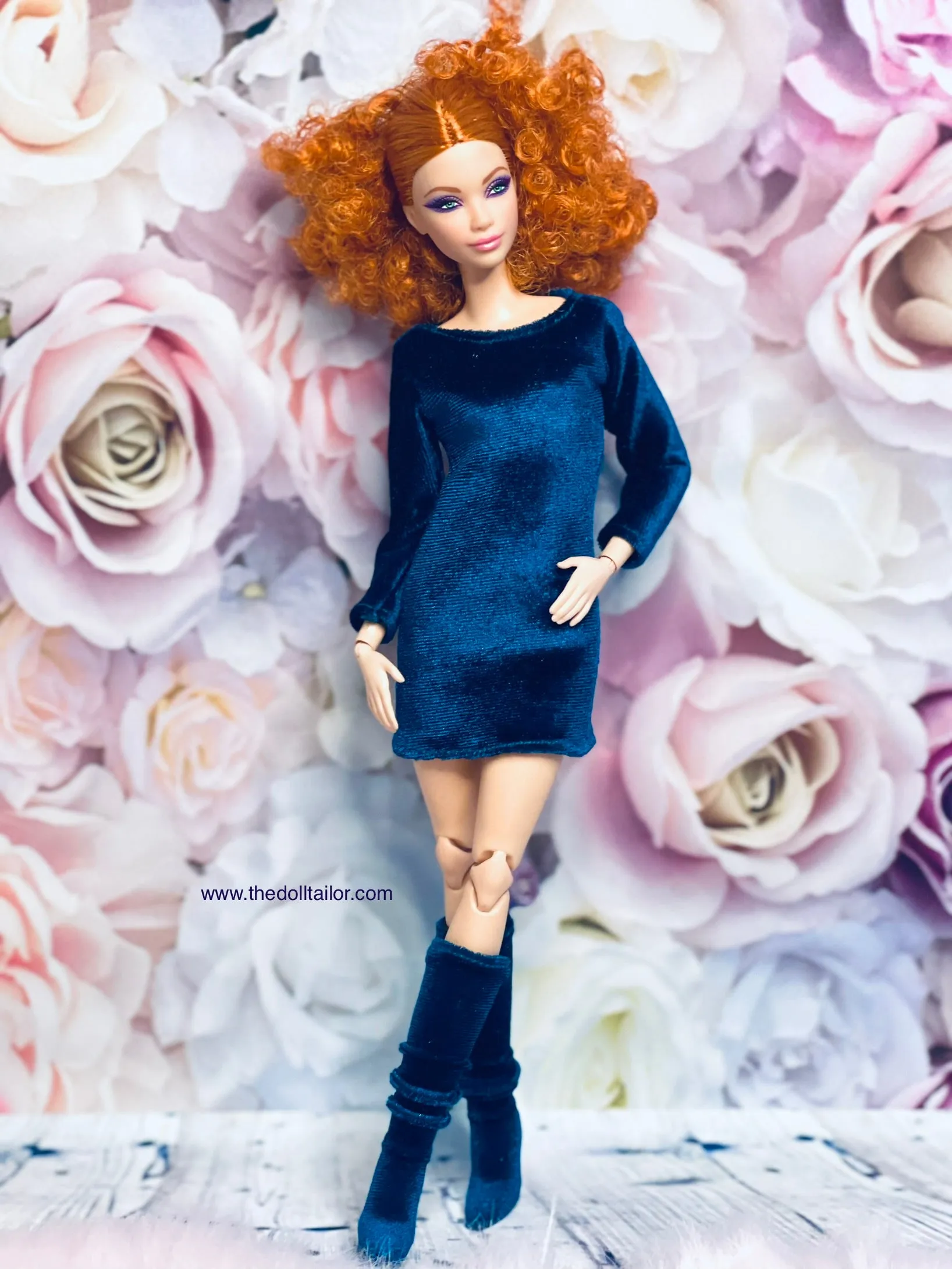 Blue velvet dress for fashion dolls velvet boots