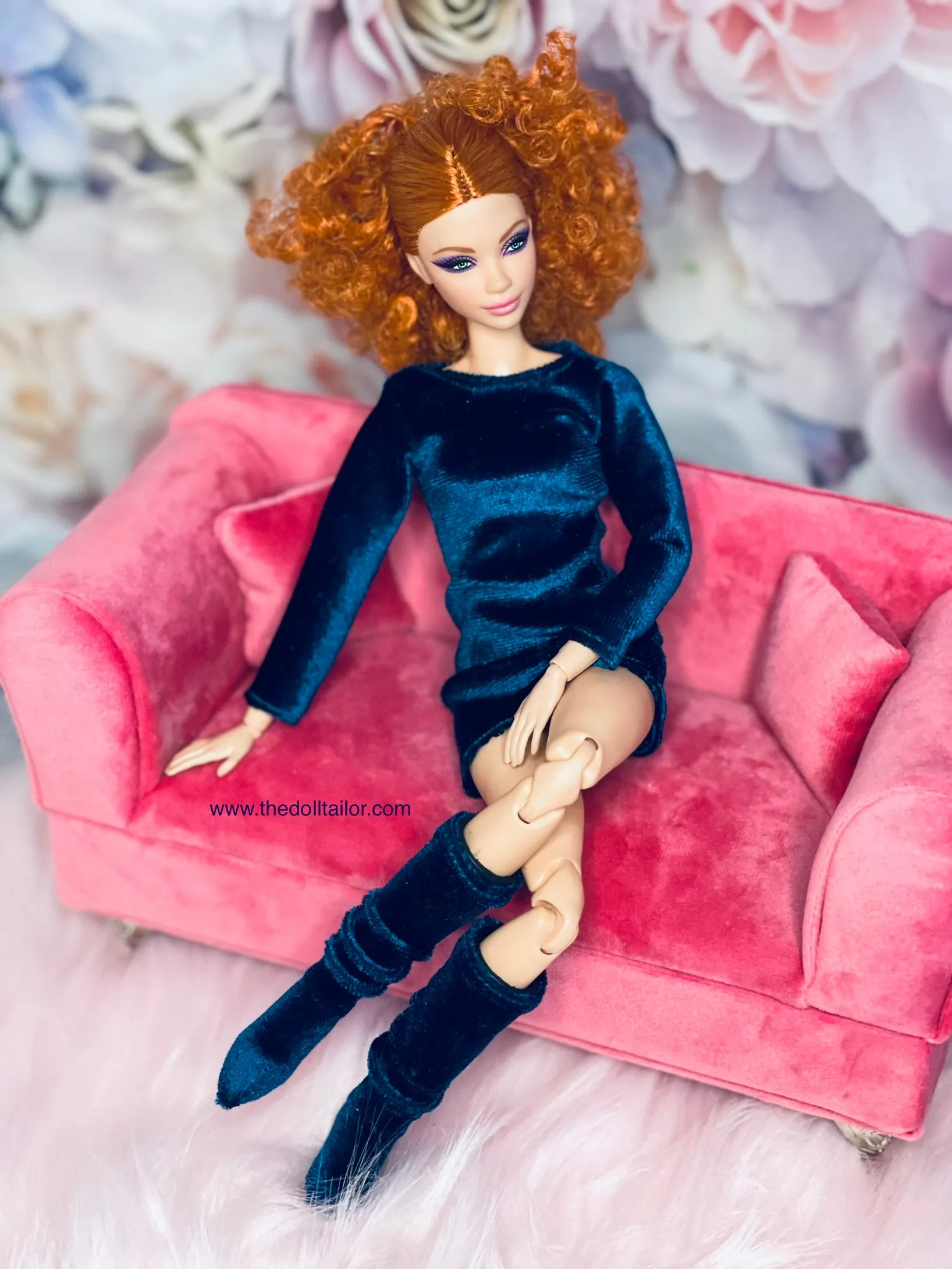 Blue velvet dress for fashion dolls velvet boots