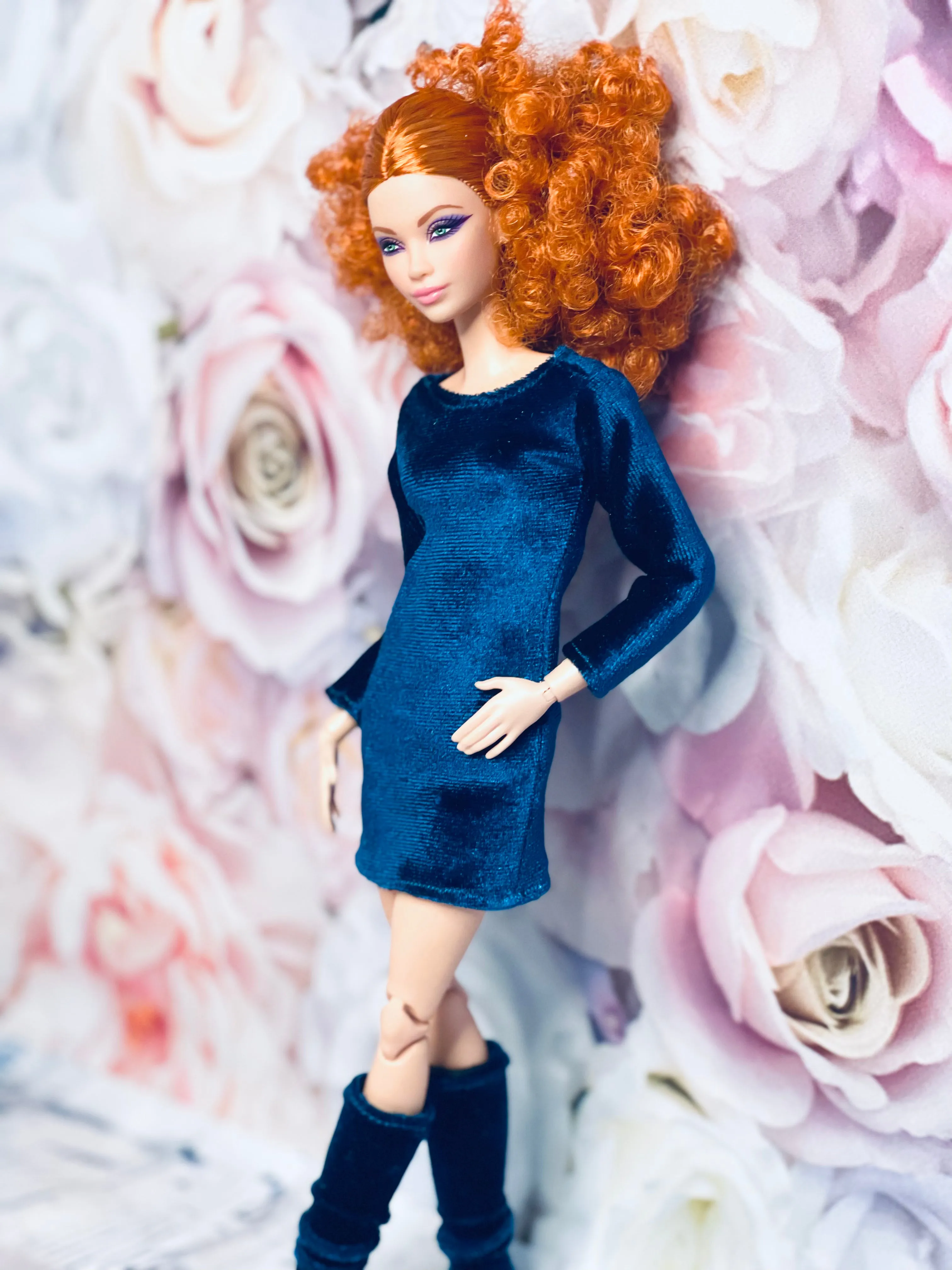 Blue velvet dress for fashion dolls velvet boots