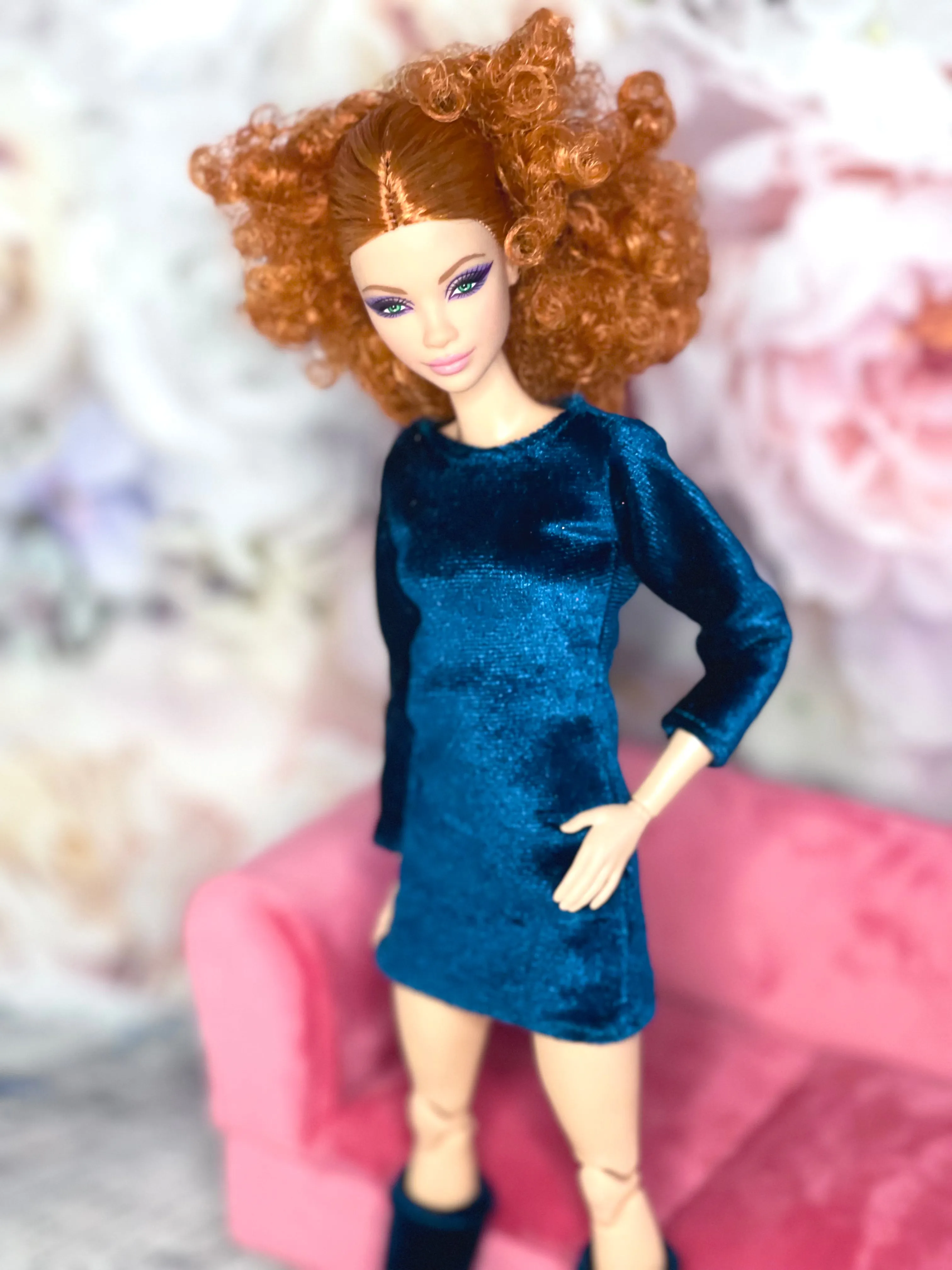 Blue velvet dress for fashion dolls velvet boots