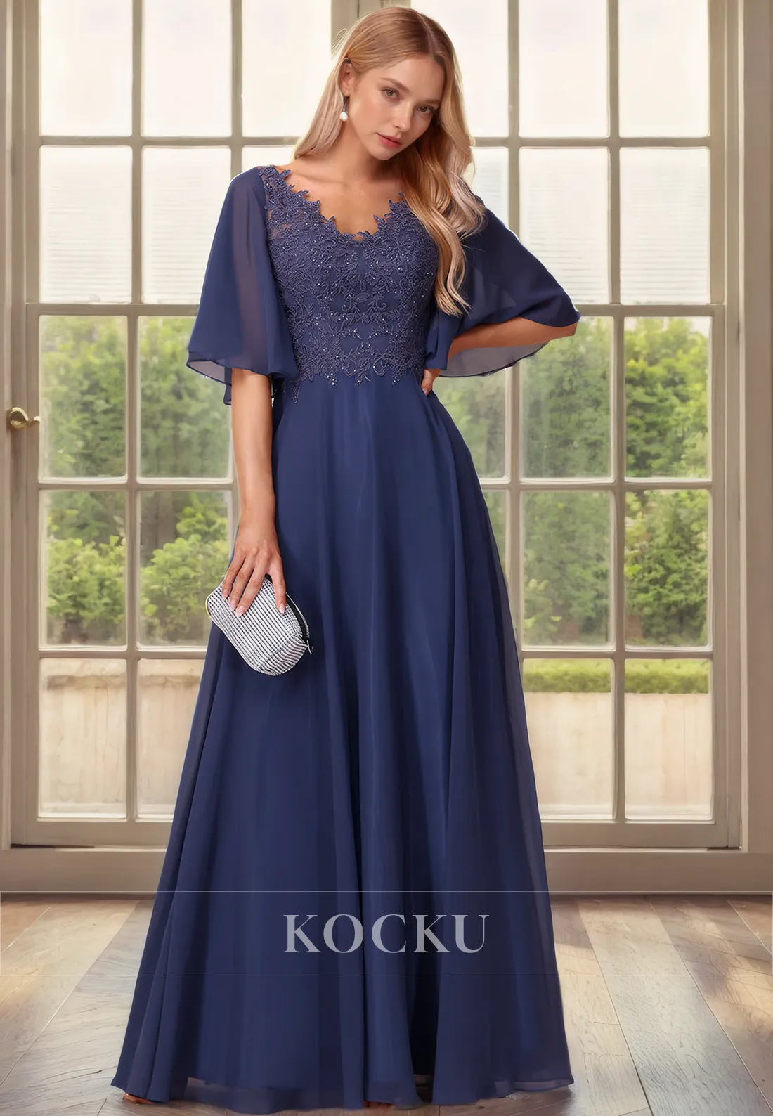 Couture & Ornate V-Neck Short sleeves A-Line Appliques Chiffon Mother of the Bride Dress