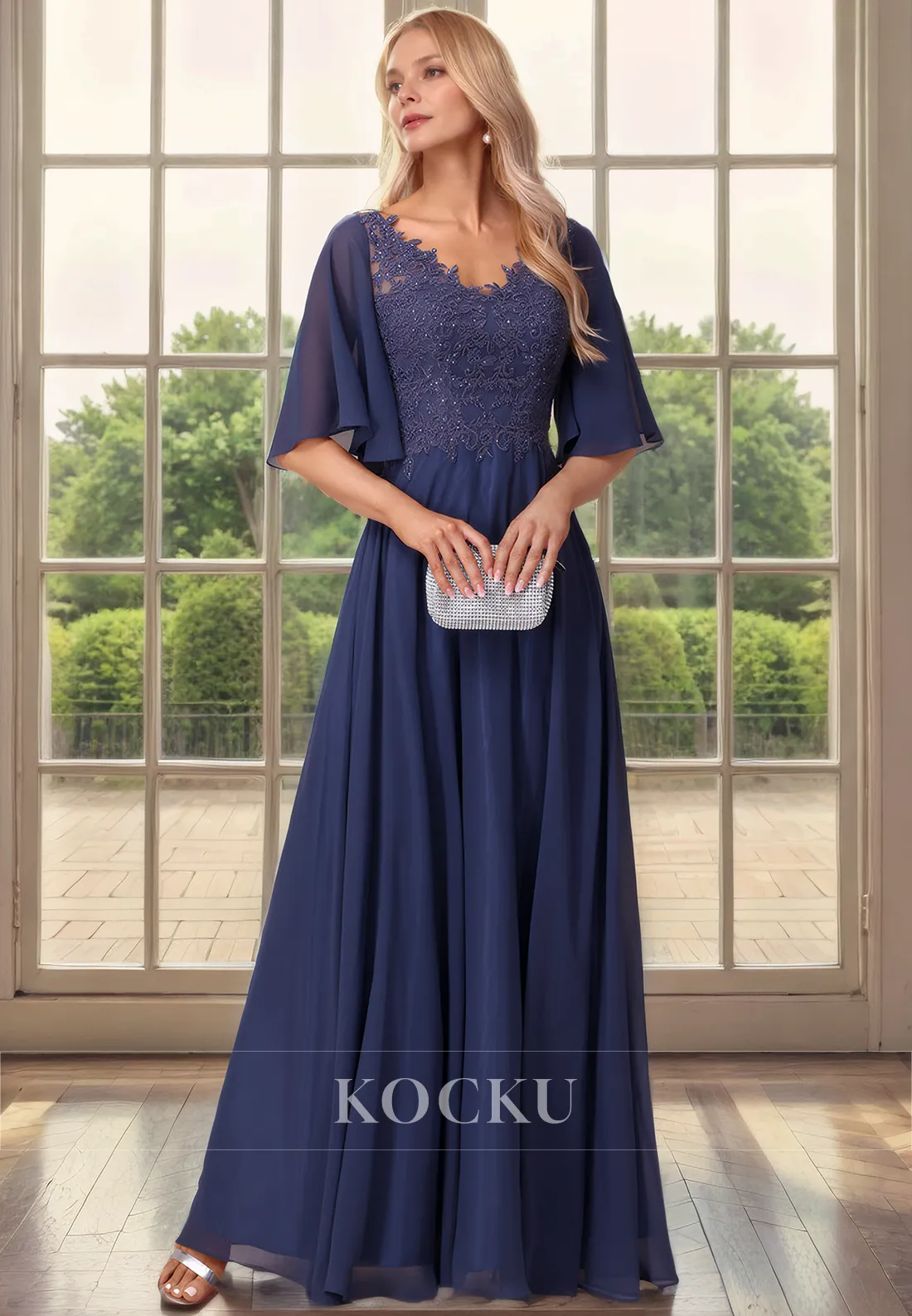 Couture & Ornate V-Neck Short sleeves A-Line Appliques Chiffon Mother of the Bride Dress