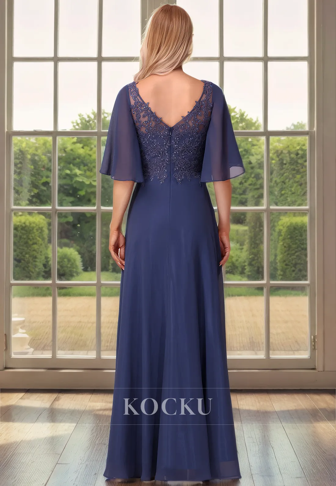 Couture & Ornate V-Neck Short sleeves A-Line Appliques Chiffon Mother of the Bride Dress