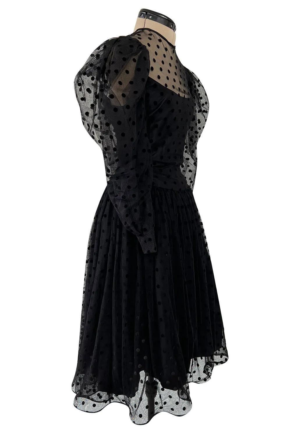 Early 1980s Pauline Trigere Velvet Dot on Net Dress w Exceptional Sleeves