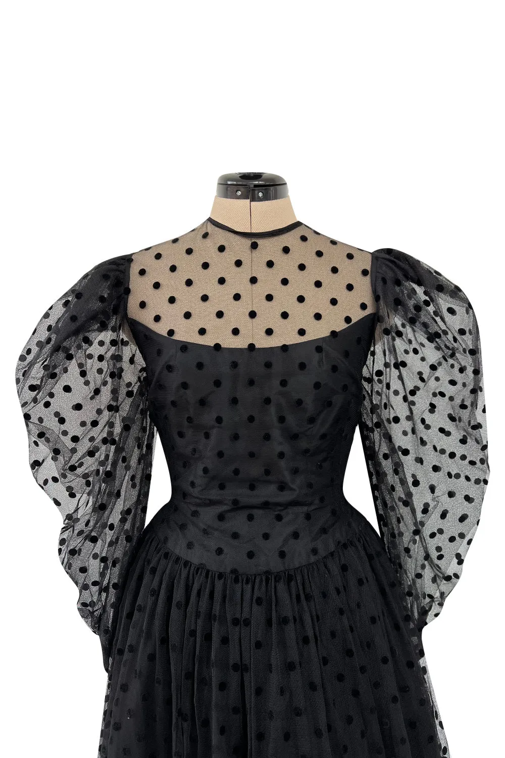 Early 1980s Pauline Trigere Velvet Dot on Net Dress w Exceptional Sleeves