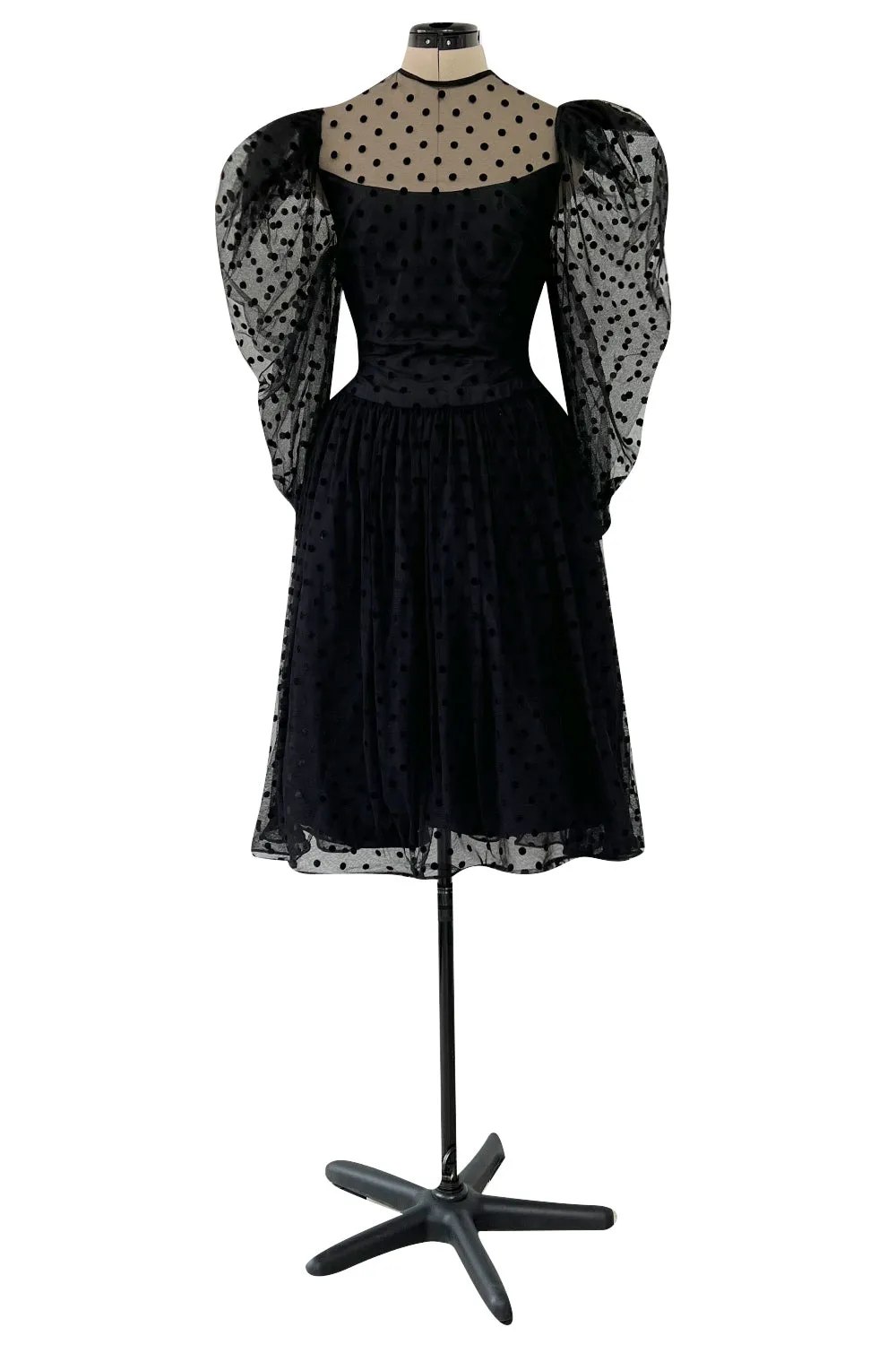 Early 1980s Pauline Trigere Velvet Dot on Net Dress w Exceptional Sleeves