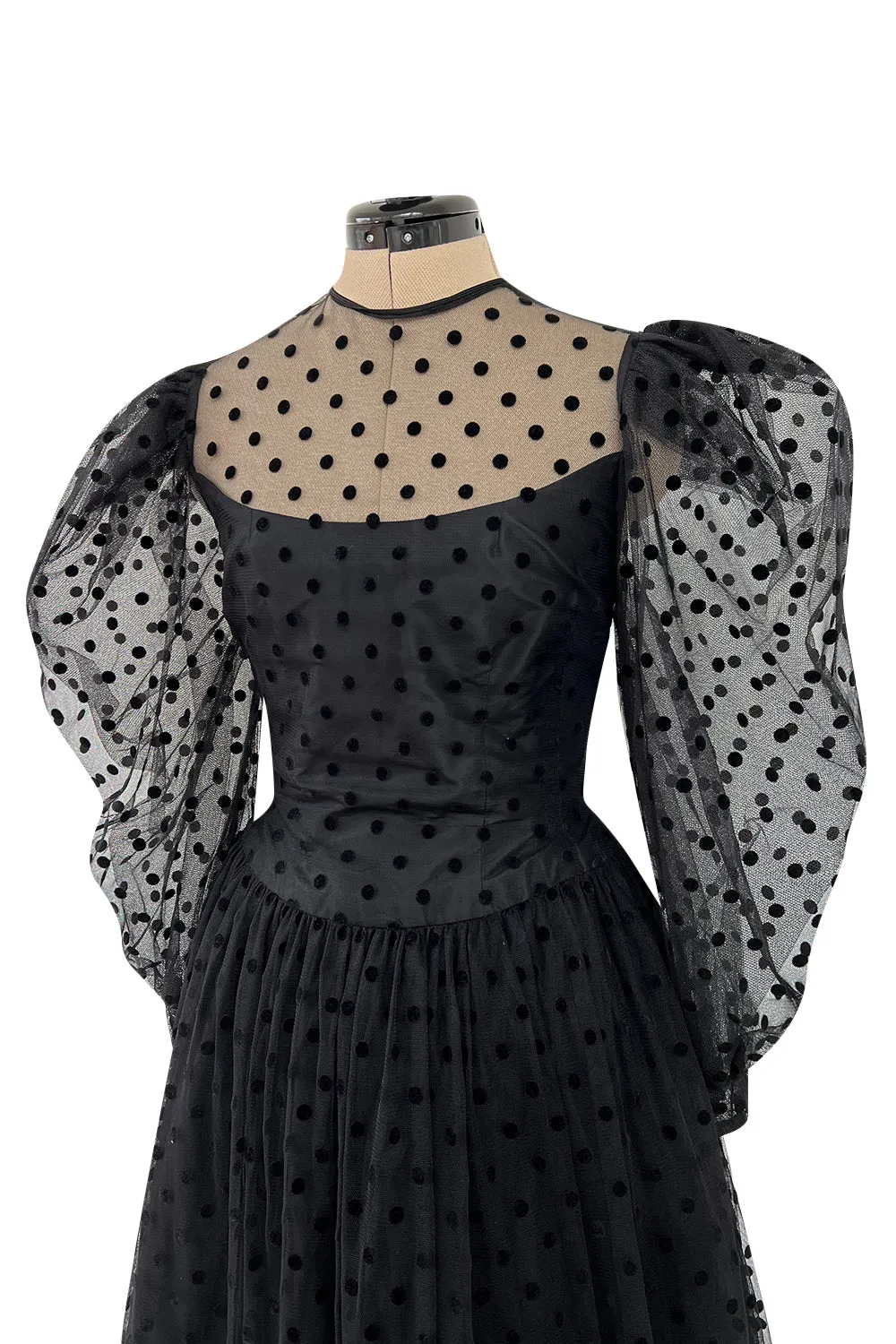 Early 1980s Pauline Trigere Velvet Dot on Net Dress w Exceptional Sleeves