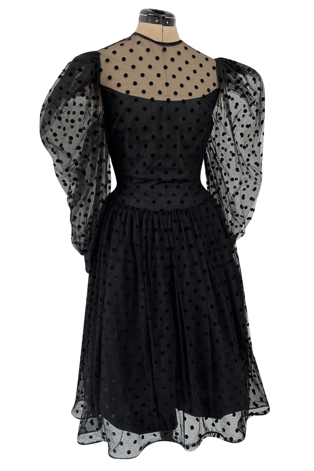 Early 1980s Pauline Trigere Velvet Dot on Net Dress w Exceptional Sleeves