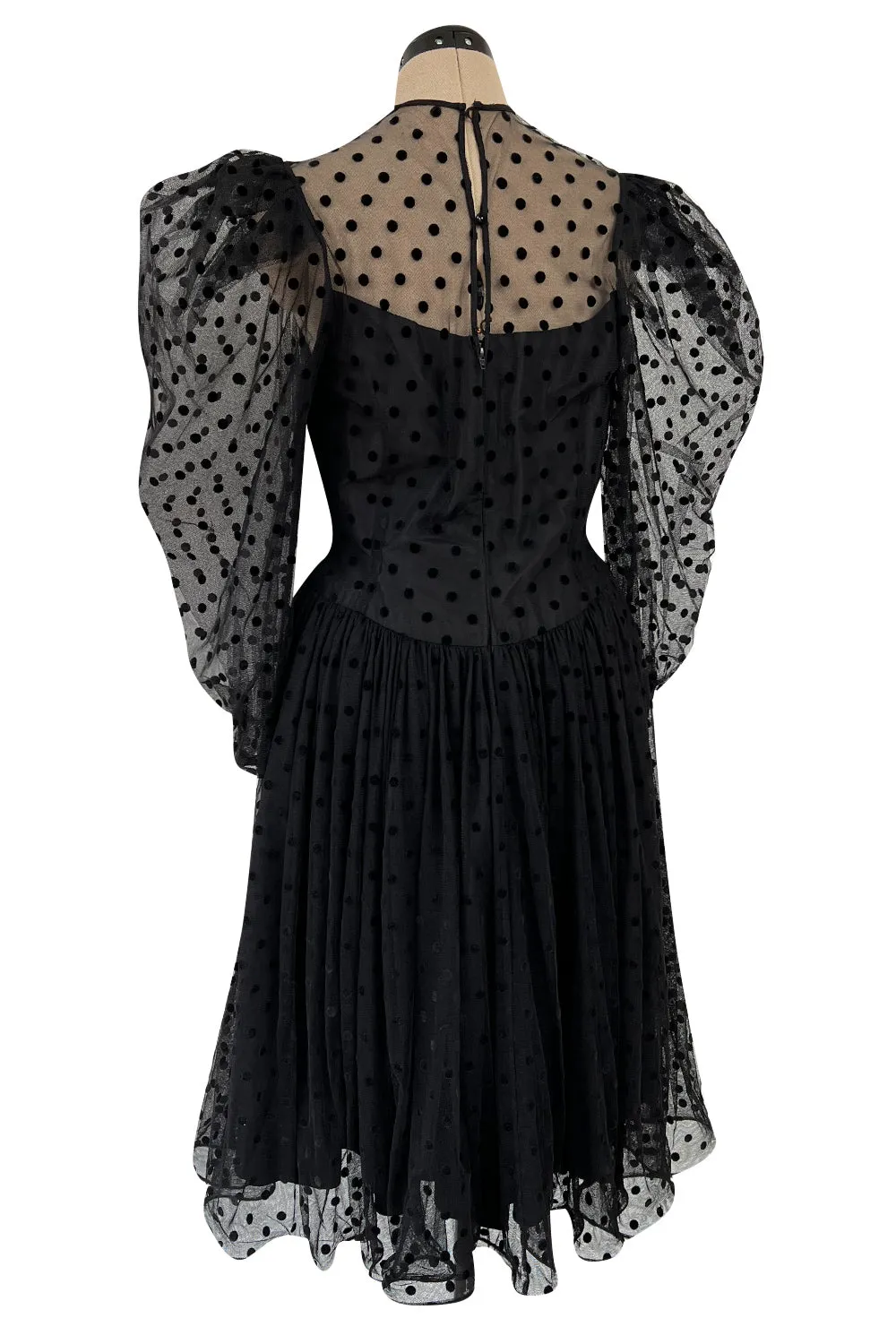 Early 1980s Pauline Trigere Velvet Dot on Net Dress w Exceptional Sleeves