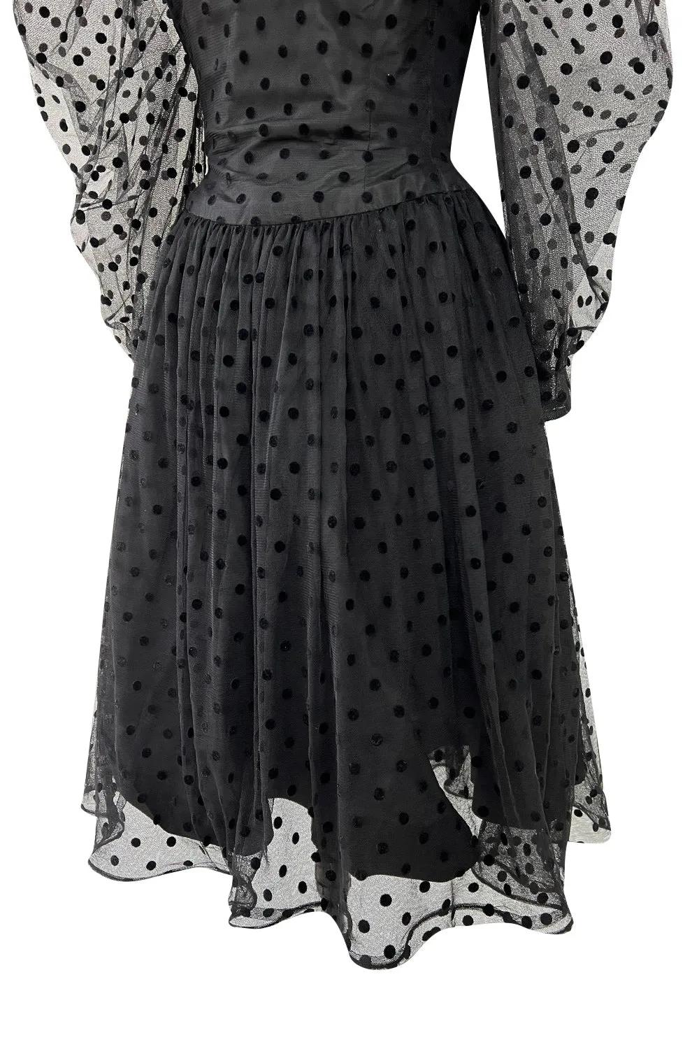 Early 1980s Pauline Trigere Velvet Dot on Net Dress w Exceptional Sleeves