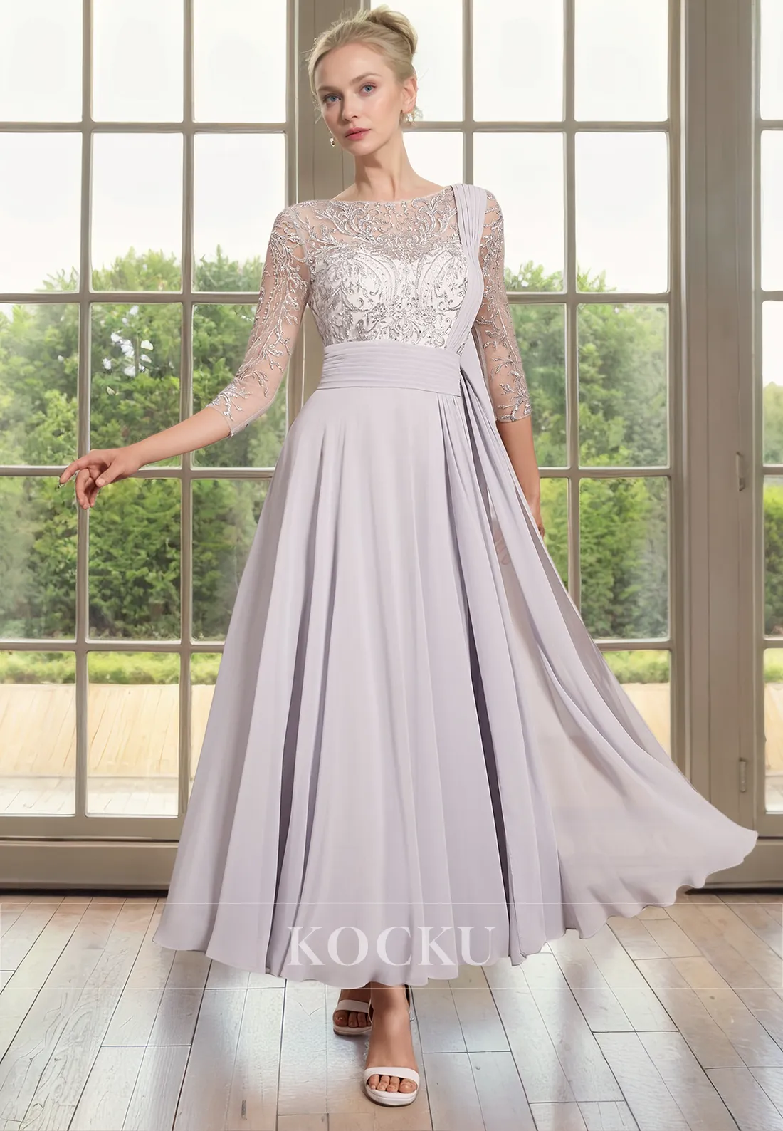 Elegant & Luxurious Appliques A-Line Long sleeves Chiffon Cocktail Mother of the Bride Dress