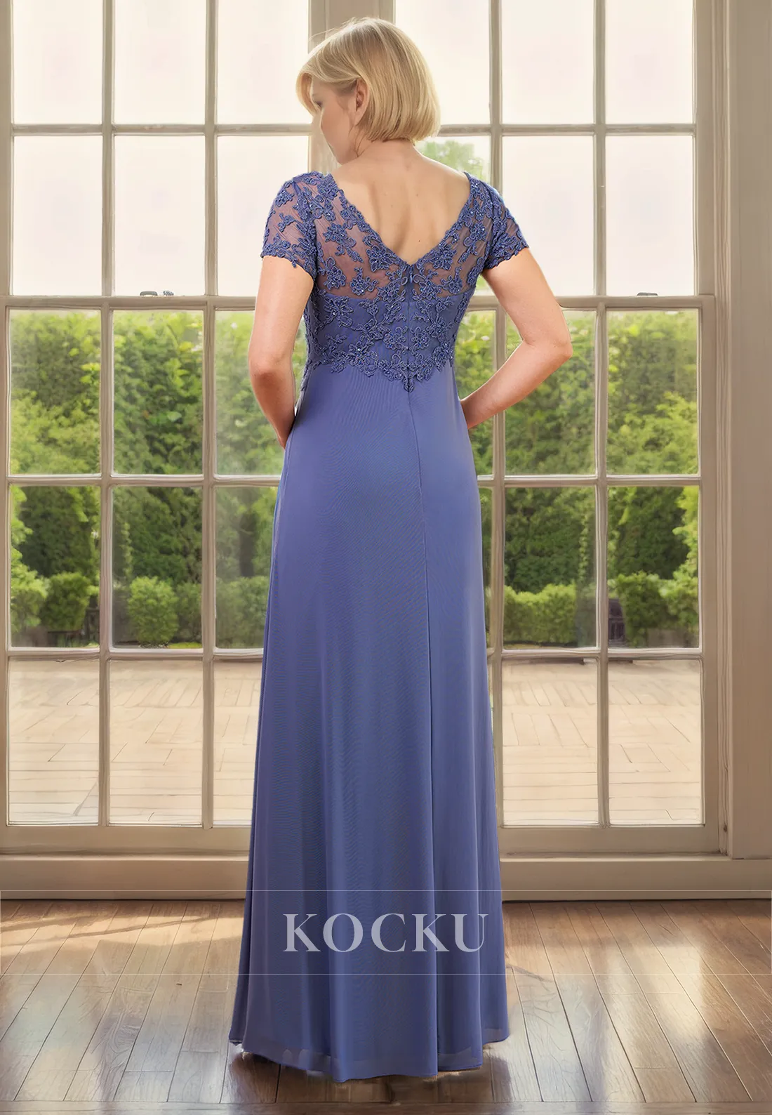 Elegant & Luxurious Short sleeves Appliques V-Neck Split Chiffon Cocktail Mother of the Bride Dress
