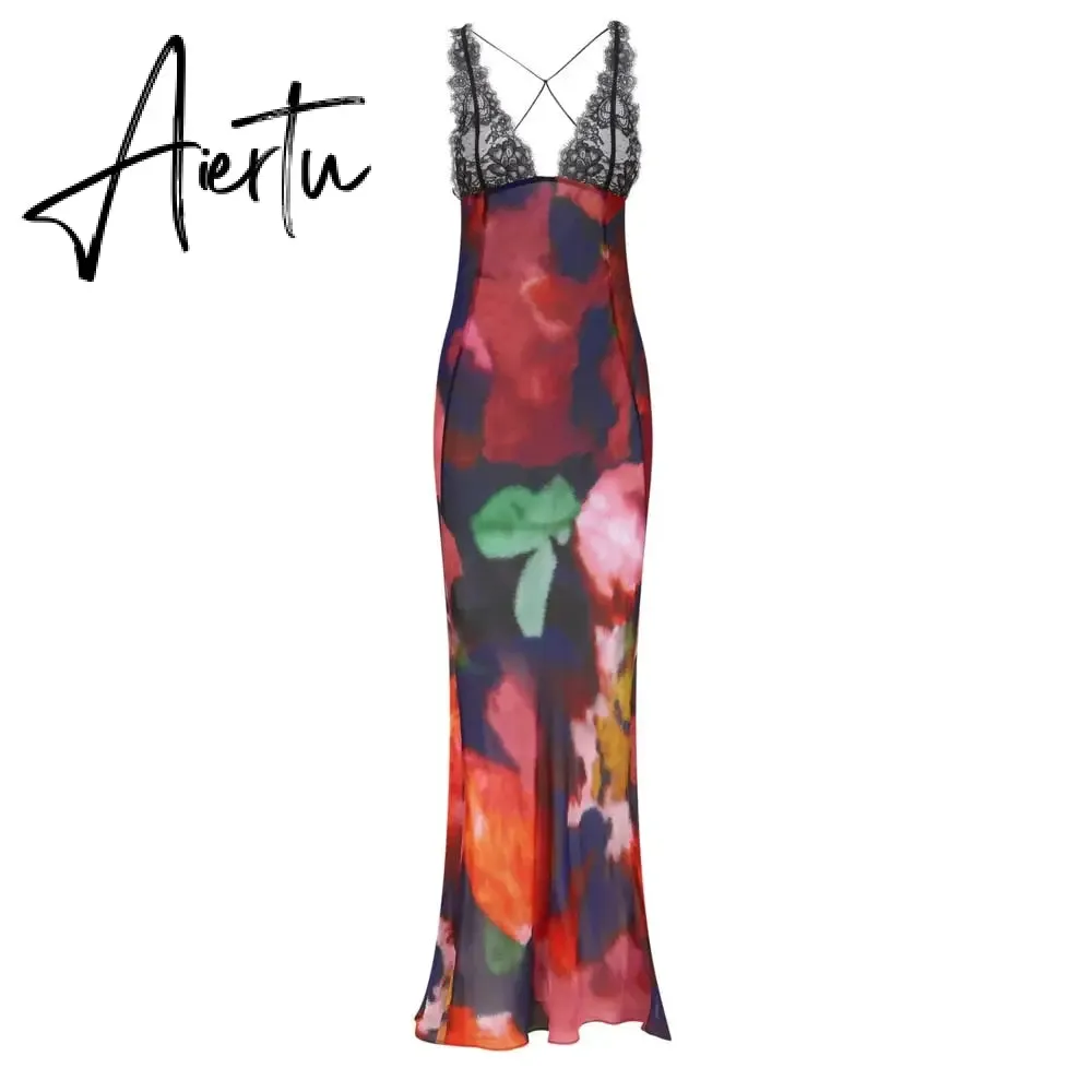 Elegant Tie Dye Floral Chiffon Dress Summer Sexy Women Backless Lace Bodycon See Through  Beach Party Vestidos