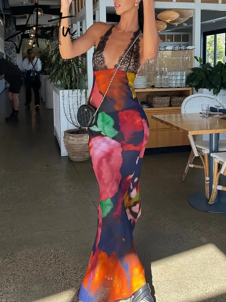 Elegant Tie Dye Floral Chiffon Dress Summer Sexy Women Backless Lace Bodycon See Through  Beach Party Vestidos