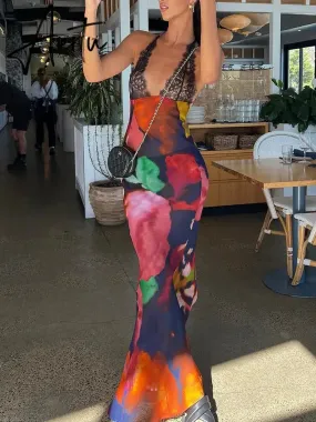 Elegant Tie Dye Floral Chiffon Dress Summer Sexy Women Backless Lace Bodycon See Through  Beach Party Vestidos