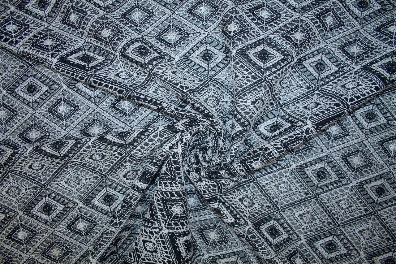 Heavily Embroidered Chiffon - Magnolia/Natural/Black