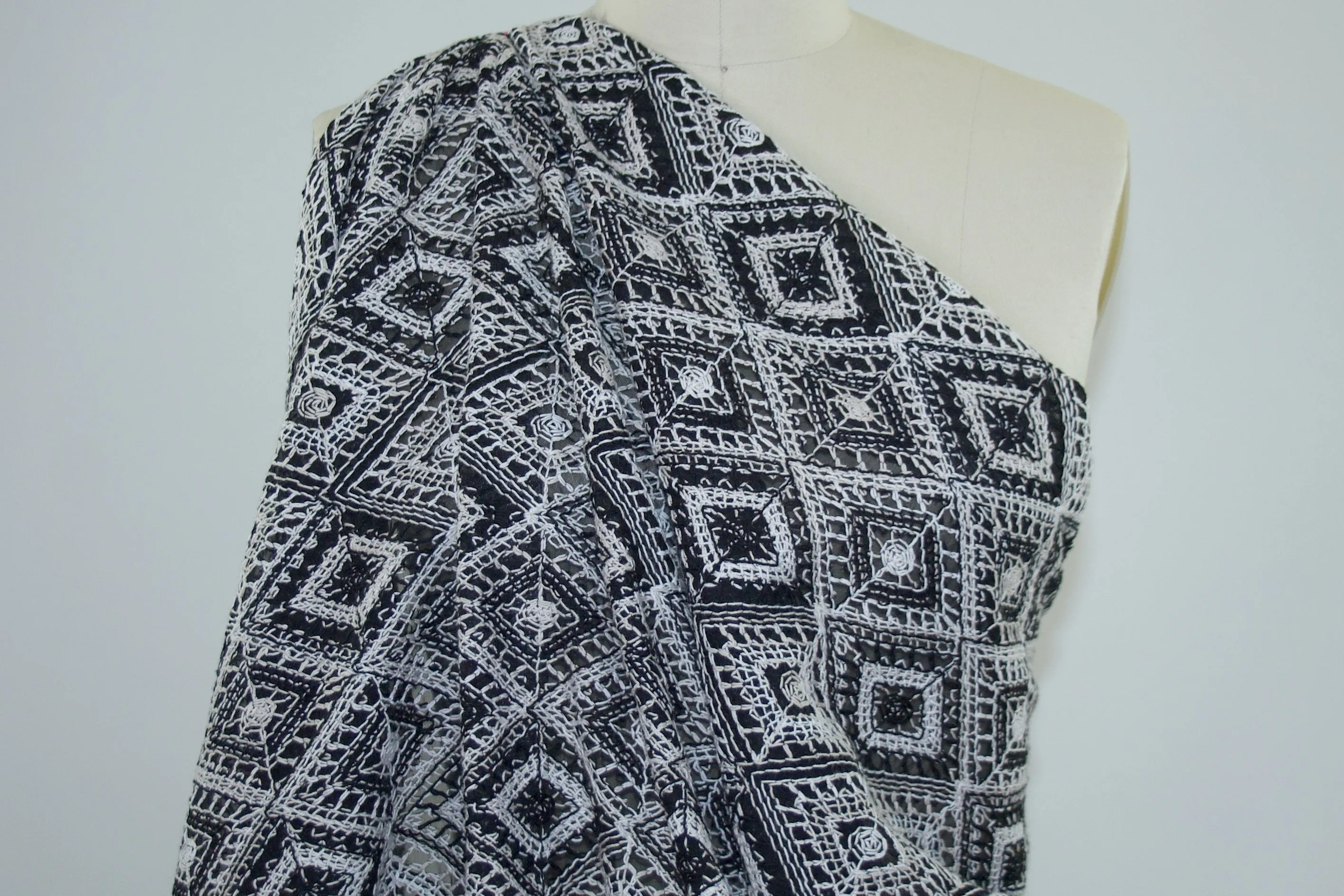 Heavily Embroidered Chiffon - Magnolia/Natural/Black