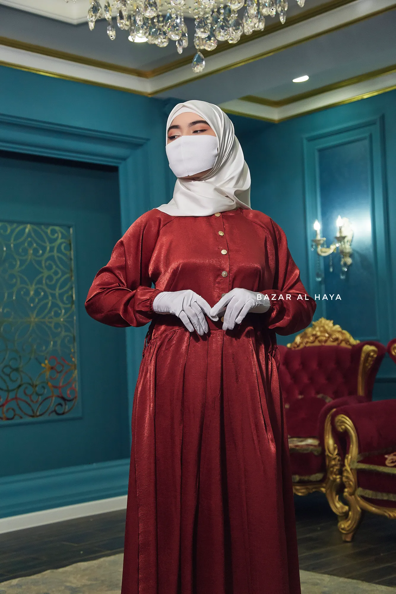 Inaya 2 Maroon Three Piece Top Dress & Pants Set With Belt- Loose Fit - Textured Satin