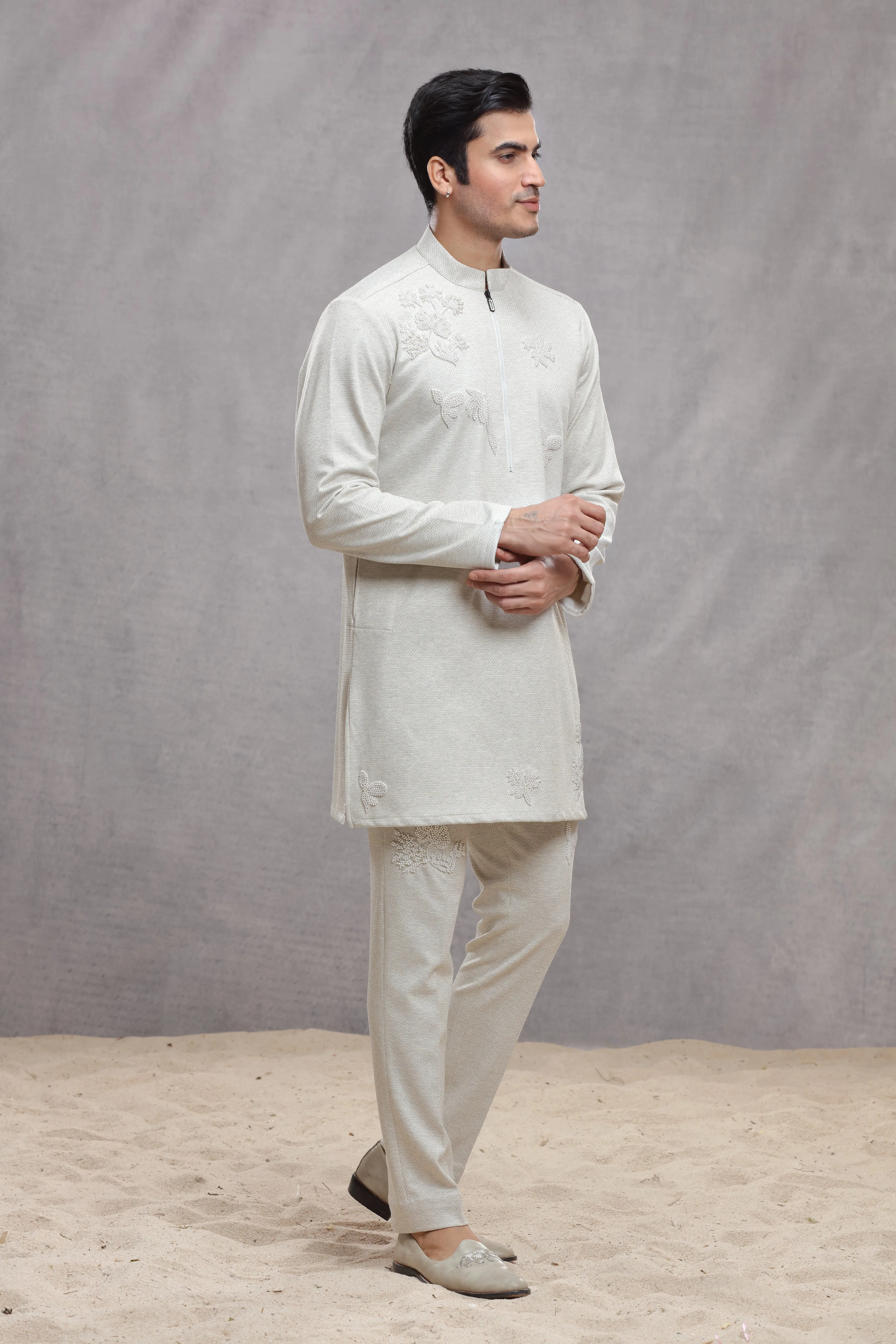 Ivory Matka Silk Indo Western Kurta with Bead Work