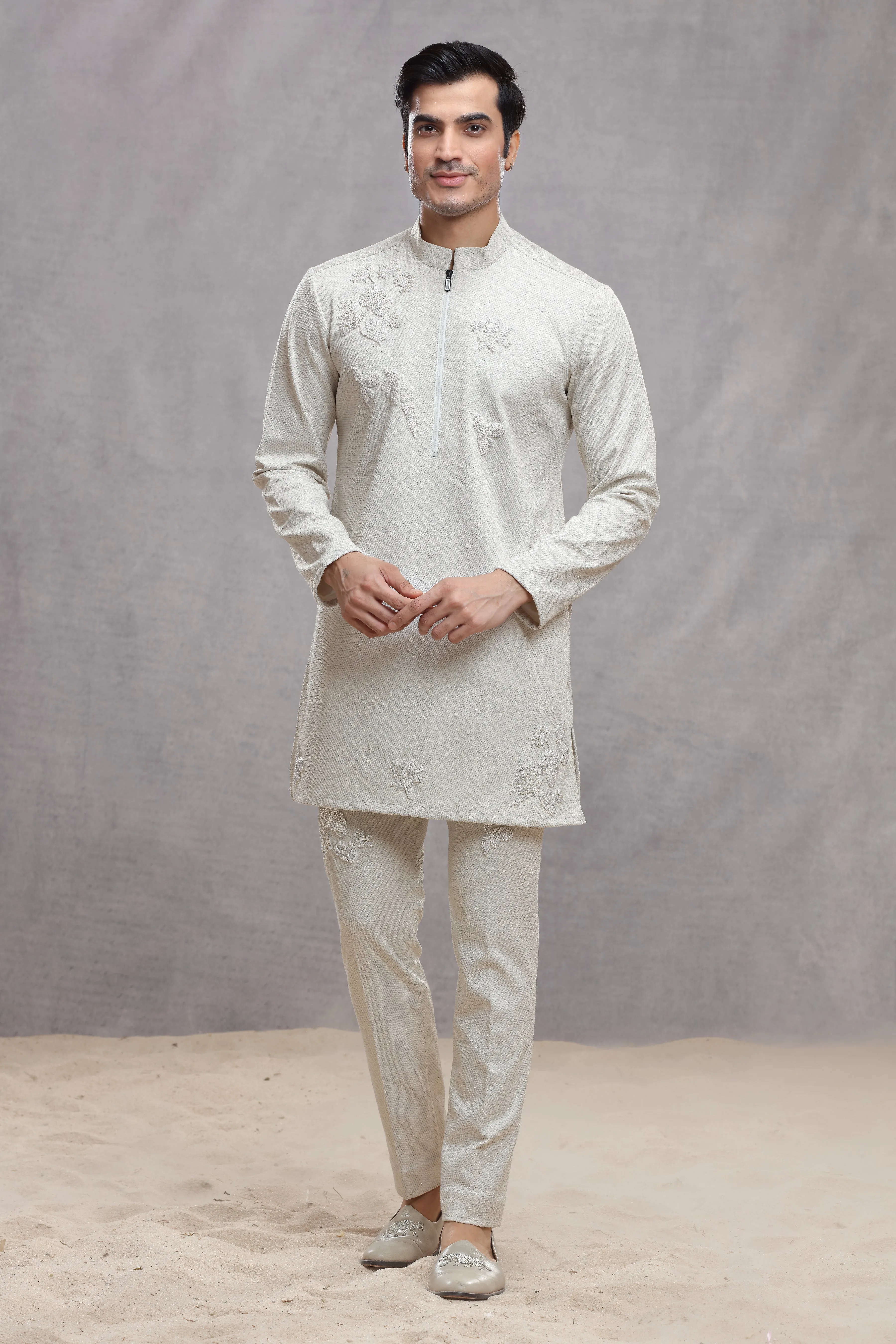 Ivory Matka Silk Indo Western Kurta with Bead Work