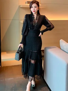 KIylethomasw New Fashion Runway Party Dress Women Sexy V Neck Long Lantern Sleeve Lace Stitching Chiffon Bodycon Mermaid Pleated Vestidos