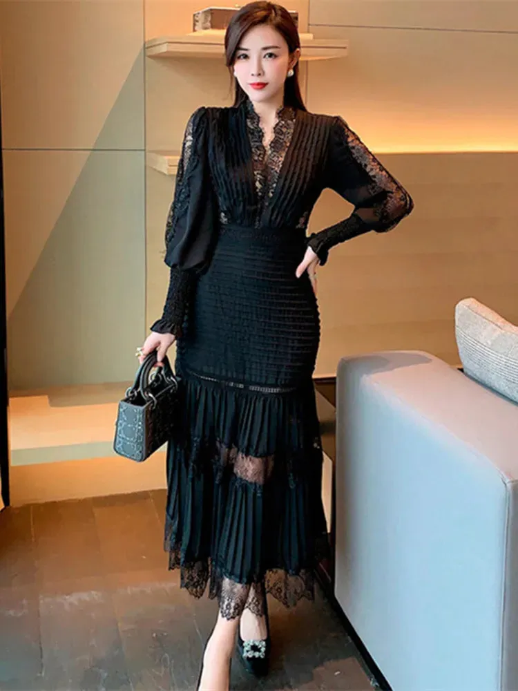 KIylethomasw New Fashion Runway Party Dress Women Sexy V Neck Long Lantern Sleeve Lace Stitching Chiffon Bodycon Mermaid Pleated Vestidos