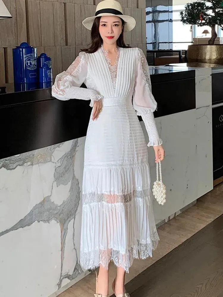KIylethomasw New Fashion Runway Party Dress Women Sexy V Neck Long Lantern Sleeve Lace Stitching Chiffon Bodycon Mermaid Pleated Vestidos