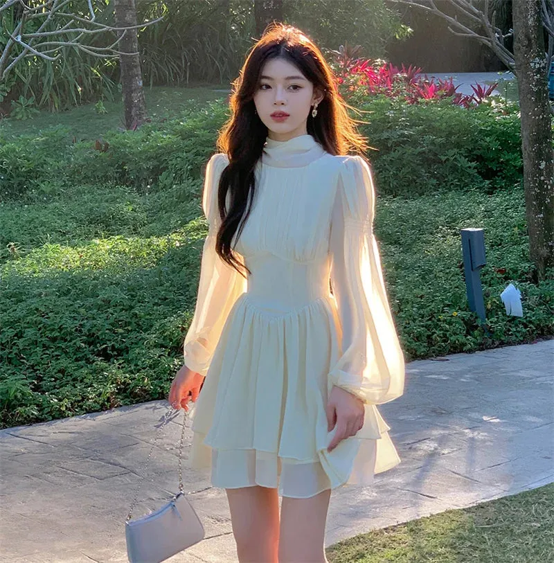 KIylethomasw Women French White Chiffon Dresses Summer Elegant Sleeve Slim Puff Sleeve bodycon Gentle Fairy Short Dress