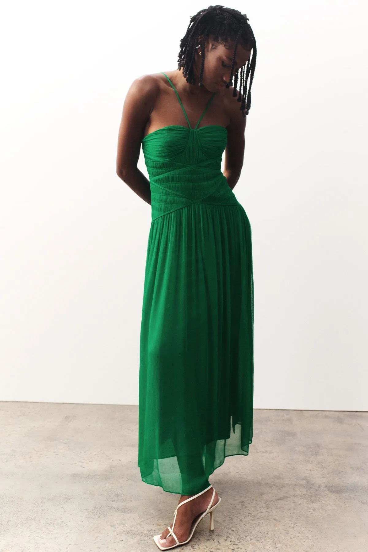 MALINA RUCHED BODICE MIDI DRESS - TREE GREEN