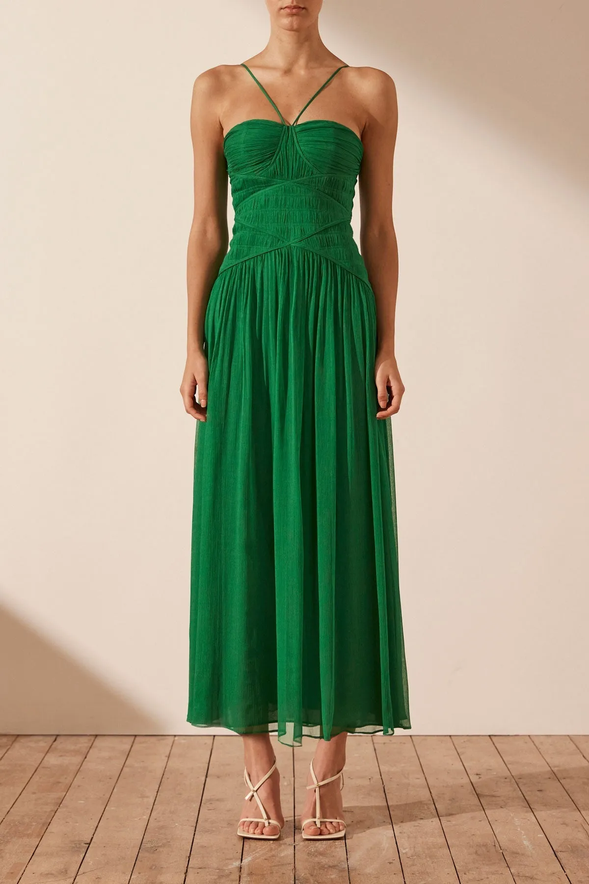 MALINA RUCHED BODICE MIDI DRESS - TREE GREEN